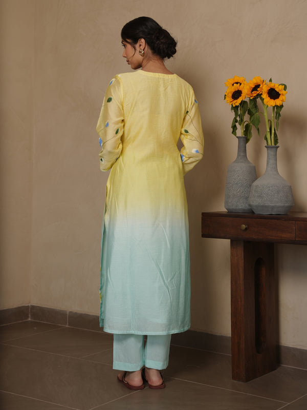FLAMINGO YELLOW SHADED CHANDERI HAND PAINT SUIT SET