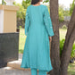Teal Aqua Daisy Chanderi A-Line Kurta Set