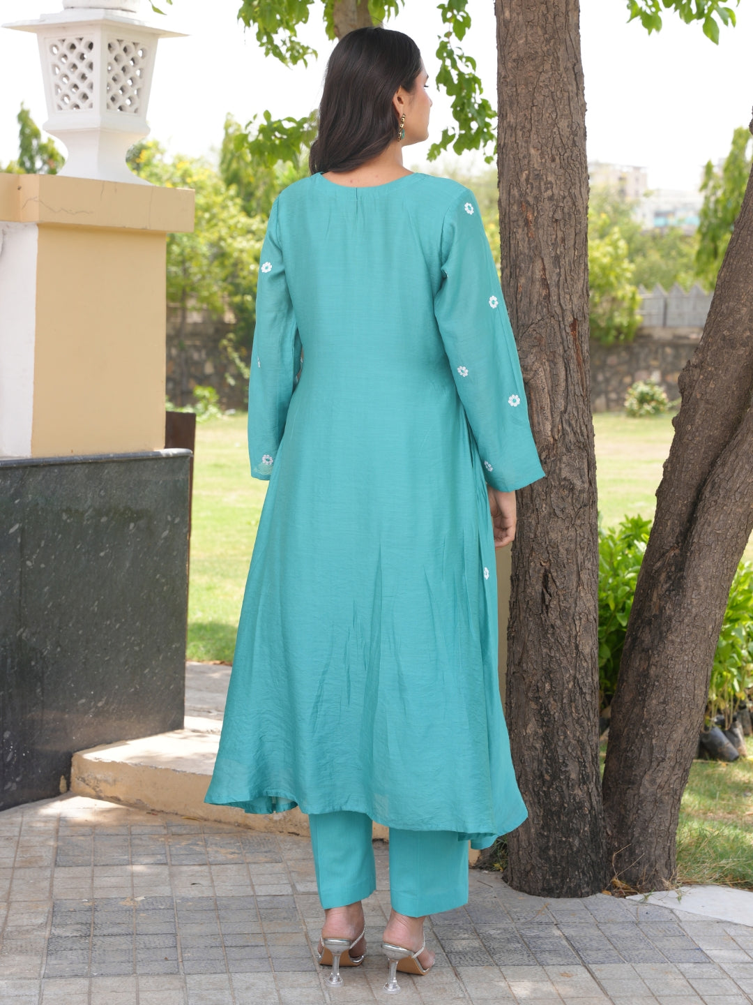 Teal Aqua Daisy Chanderi A-Line Kurta Set