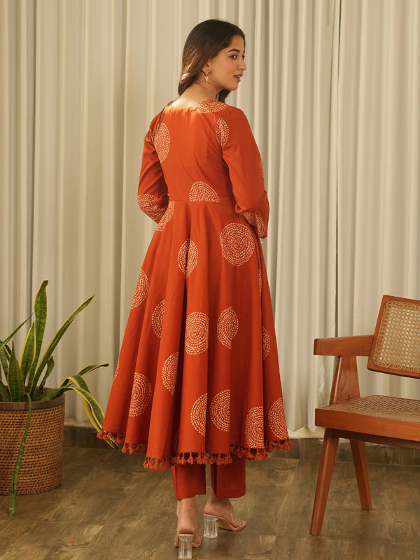 Rust Orange Cotton Screen Print Kurta Set with Pant & Dupatta