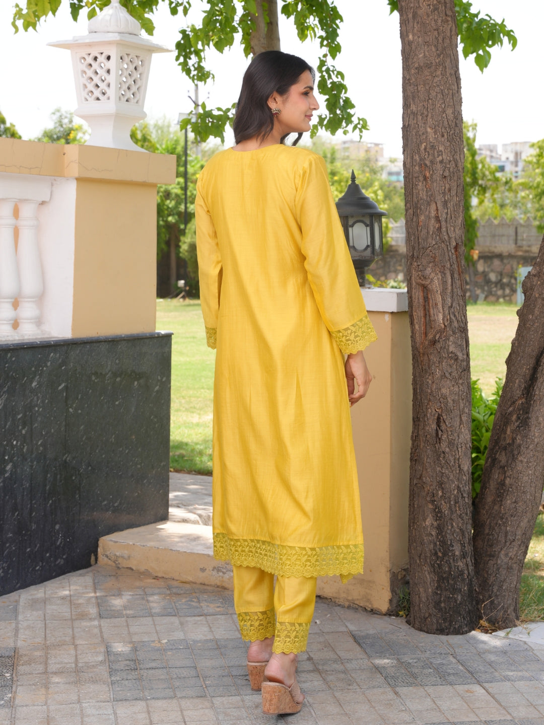 Mustard Floral Handwork Chanderi Kurta Set