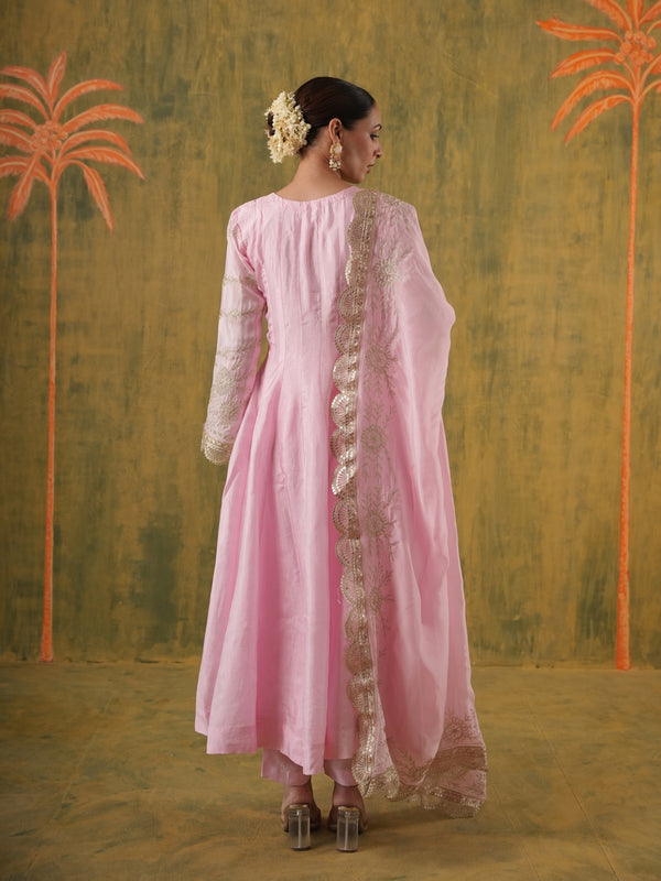 Gulbano Blush Pink Silk Aari Anarkali Set