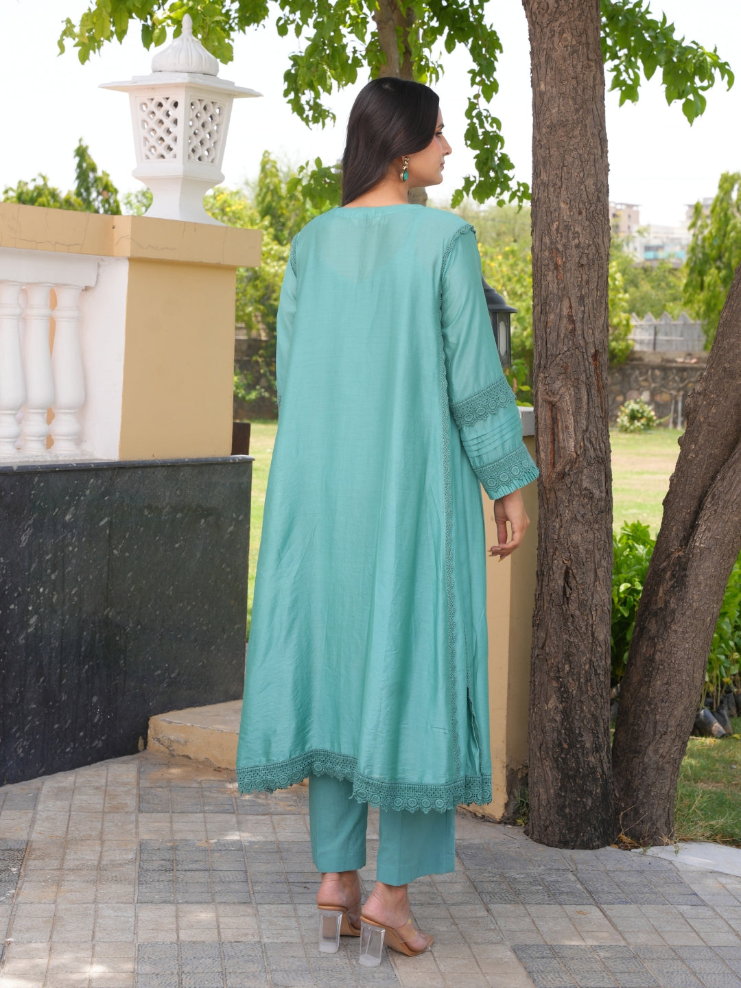 Sea Green Chanderi Lace Work Kurta Set