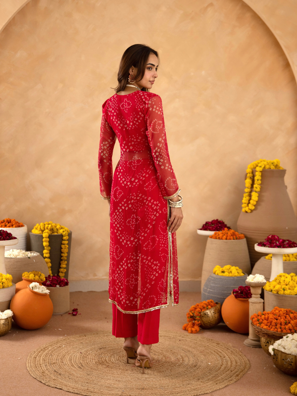 Pink Chiffon Bandhej Mirrorwork Straight Kurta