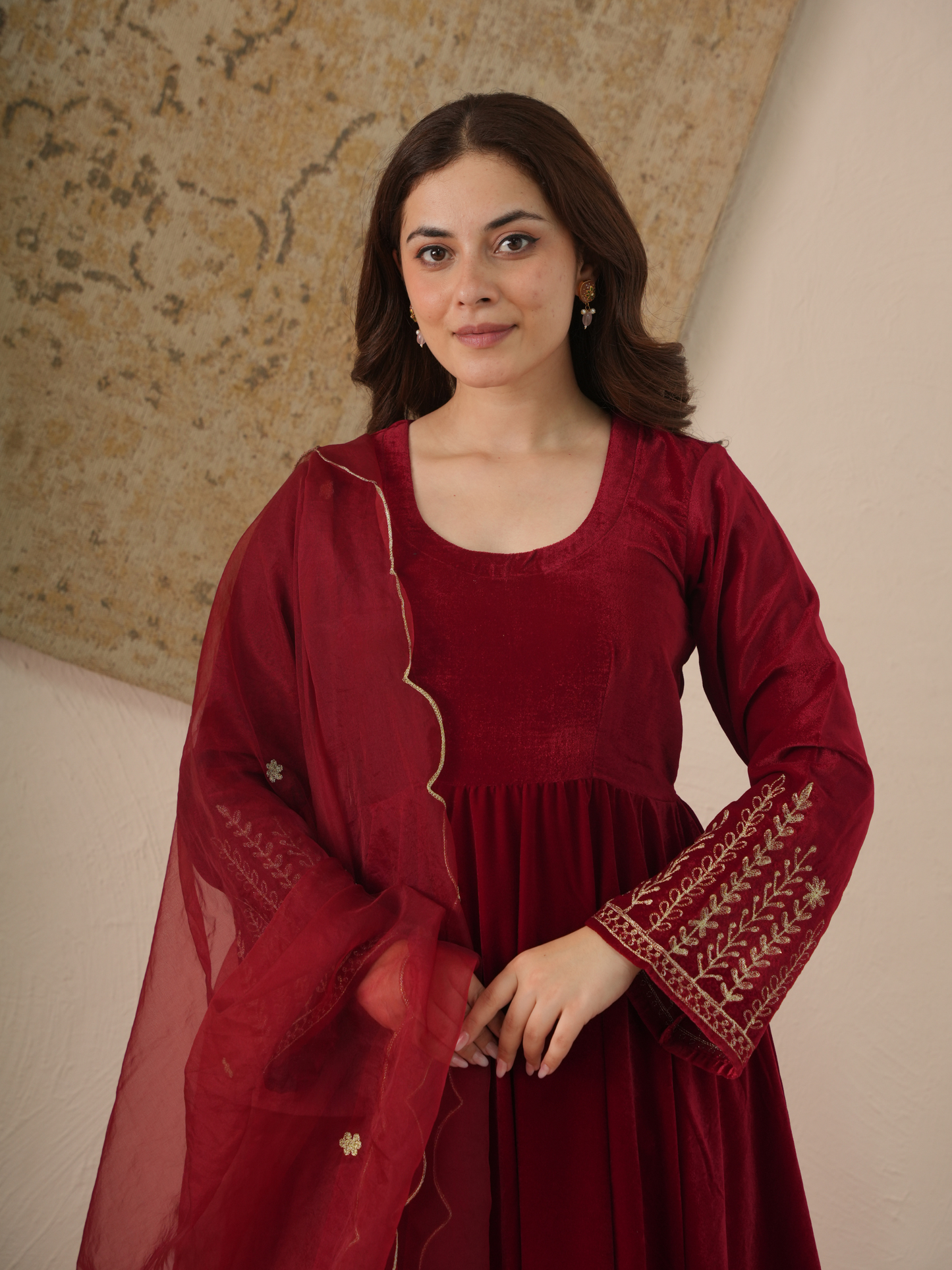 Meher Maroon Velvet Kurta With Pant & Dupatta