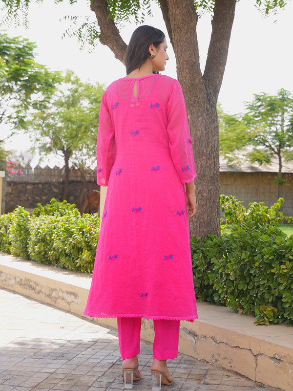 Pink Fuchsia Bloom Doria Aari Kurta Set