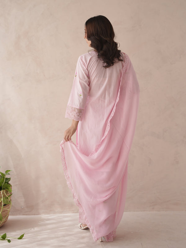 Bloomera pink rose embroidery cotton suit set