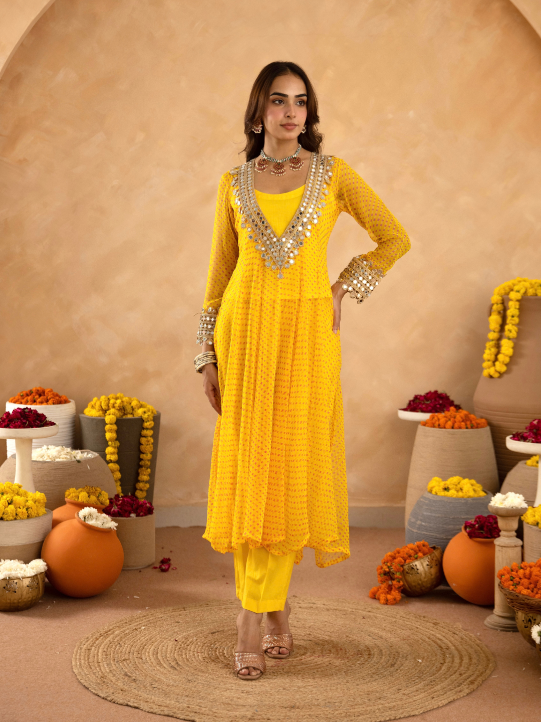 Yellow Chiffon Bandhej Mirrorwork Kurta Set