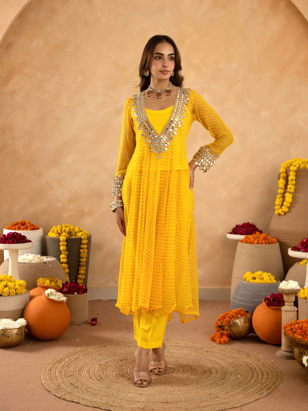 Yellow Chiffon Bandhej Mirrorwork Kurta Set