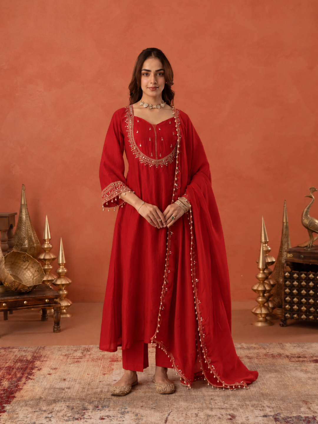 Red Chanderi Mirrorwork A- Line Kurta Set