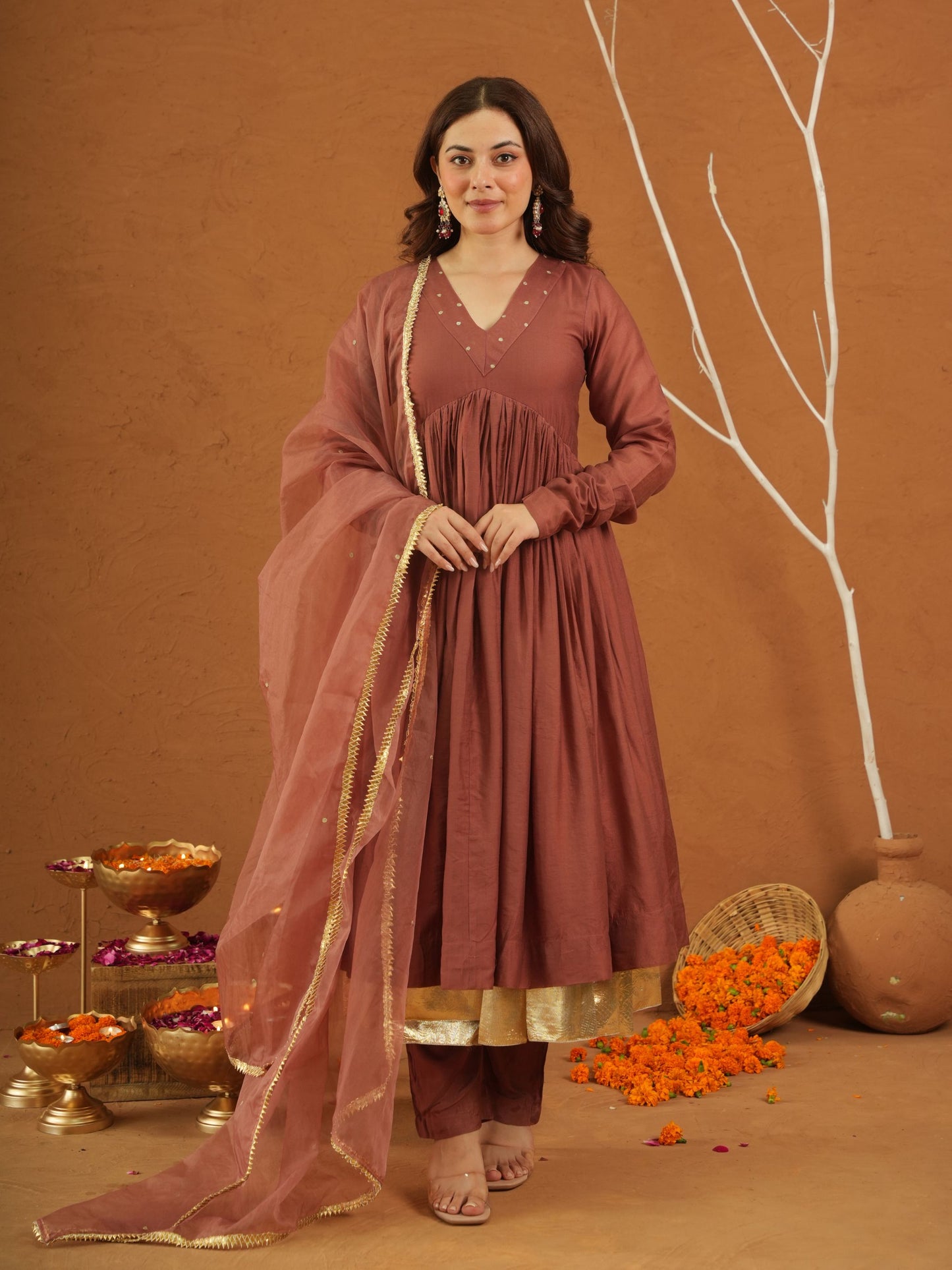 Zariya Brown Chanderi Gota Suit Set