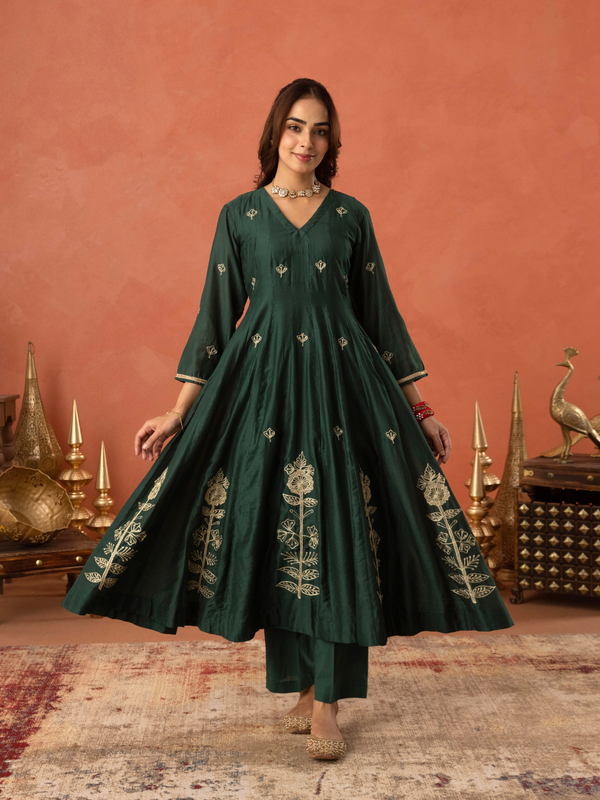 Bottle Green Floral Aari Embroidered Anarkali Set