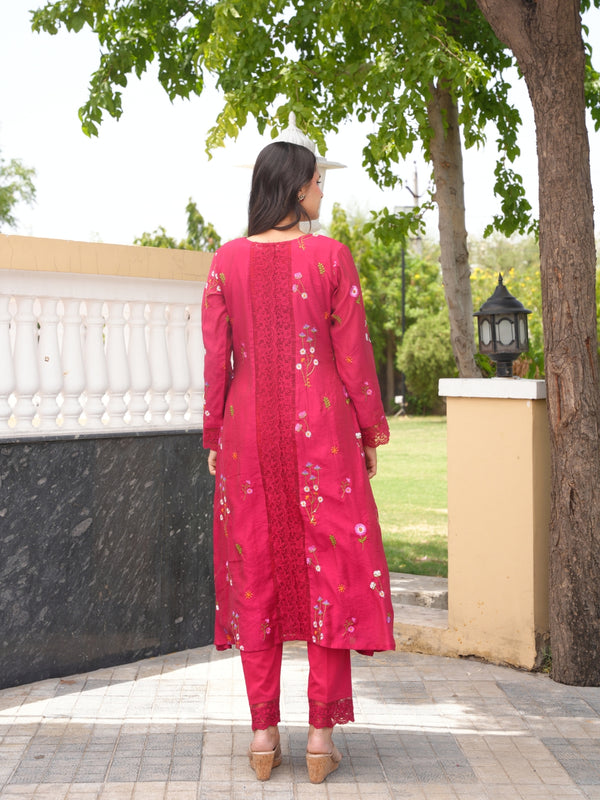 Dark Pink Chanderi Floral Embroidered Kurta Set