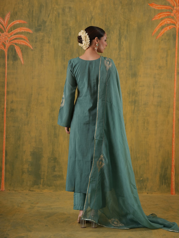 Rani Zoya Green Embroidered Silk Suit Set