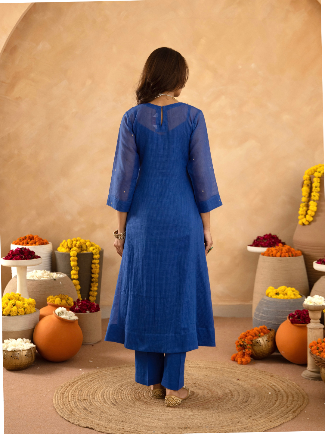 "Royal Blue Doria Hand Embroidered A- Line Kurta  Set"