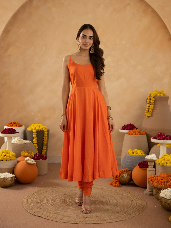Orange Chanderi Anarkali with Aari Work & Sequin Embellished  Dupatta