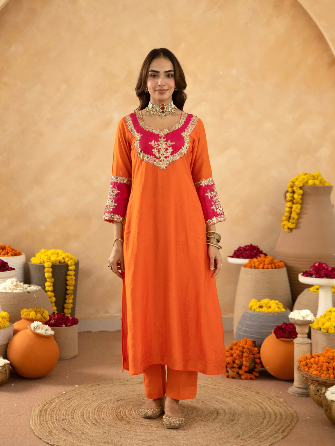 Orange Chanderi A-Line Kurta Set with Handwork Detailing &  Organza Dupatta