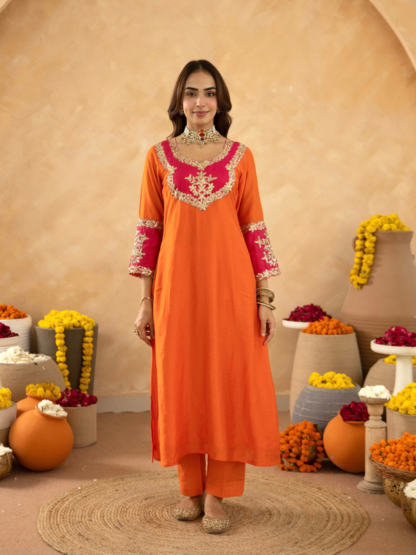 Orange Chanderi A-Line Kurta Set with Handwork Detailing &  Organza Dupatta