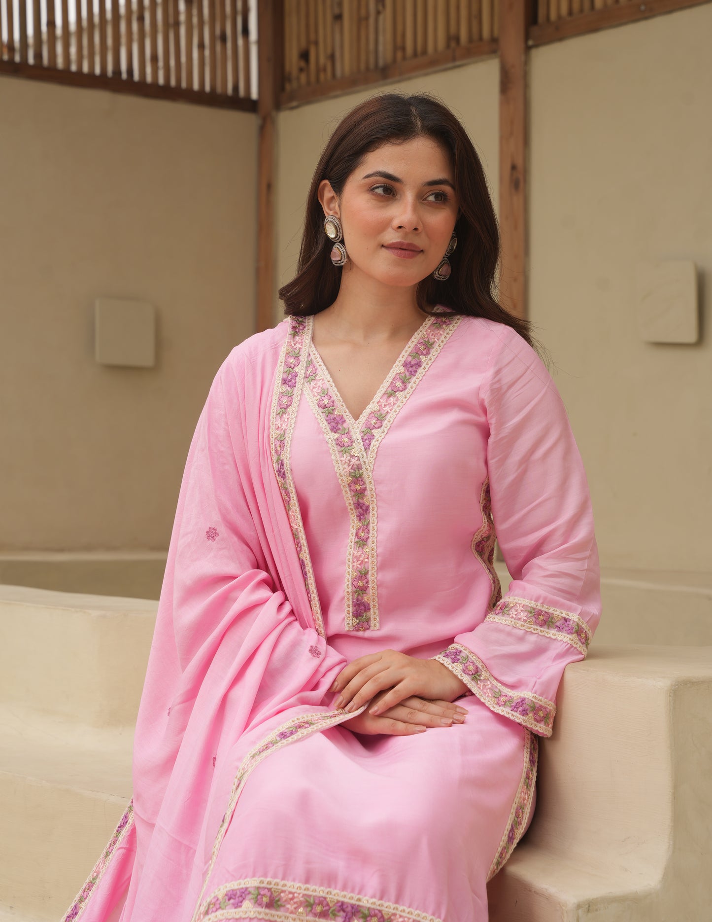 Pink Maslin Embroidered Suit Set