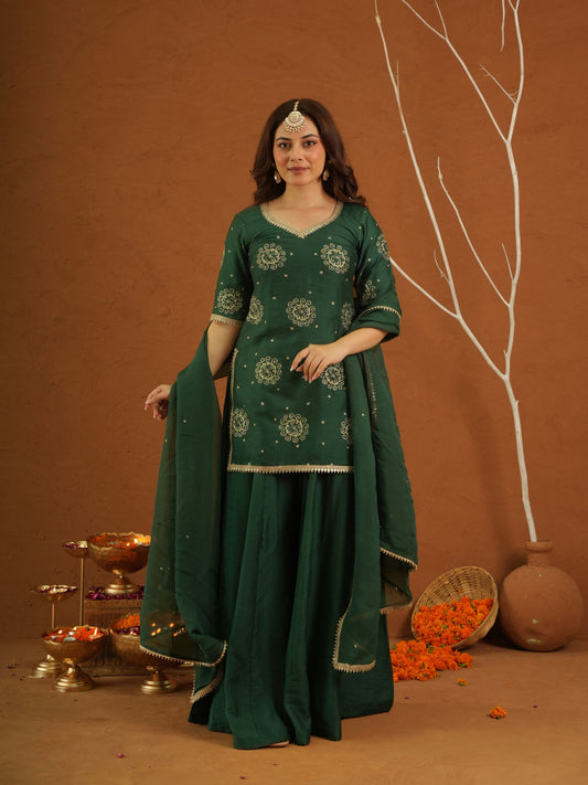 Tarannum Green Muslin Zariwork Sharara Set
