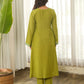 Olive Green Floral Embroidered Muslin Kurta Set with Pants