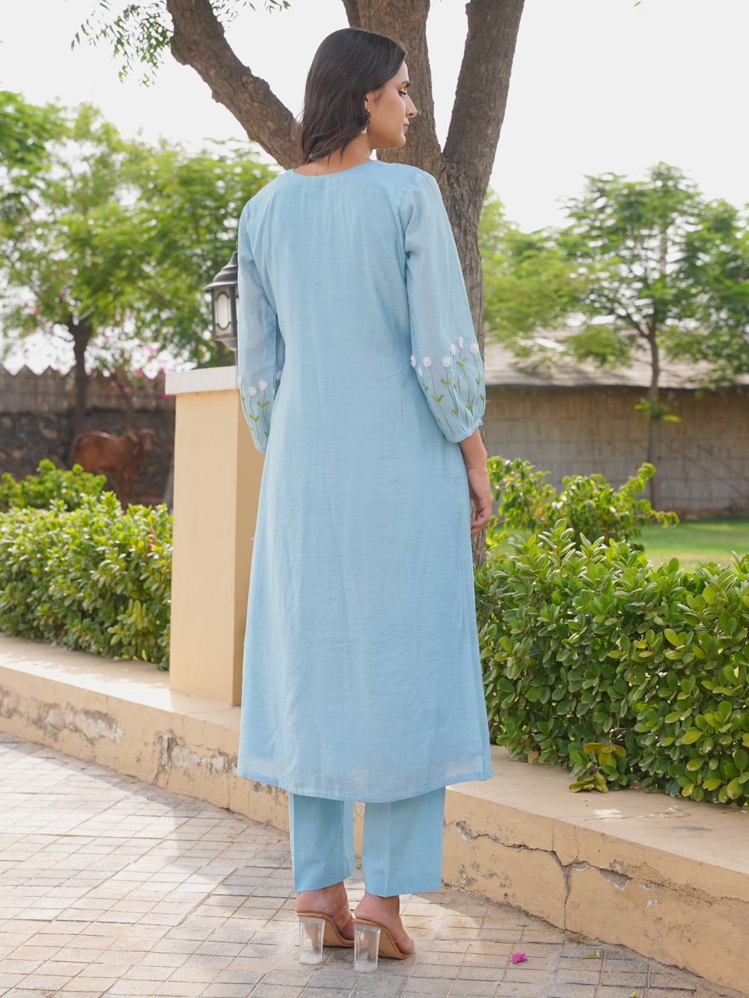 Bluebell Floral Aari Work Chanderi Kurta Set