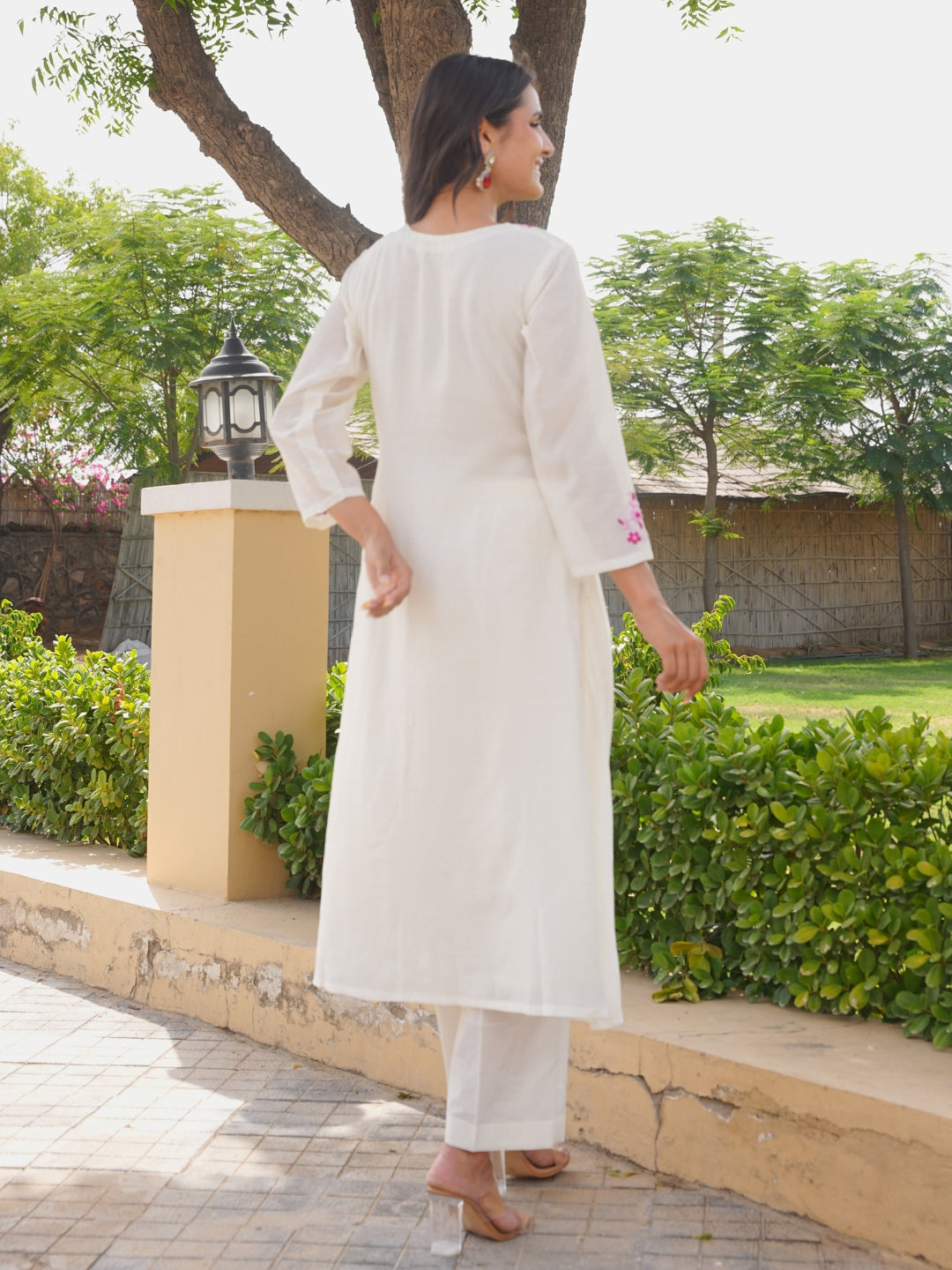 Off White Petal Handwork Chanderi A-Line Kurta Set