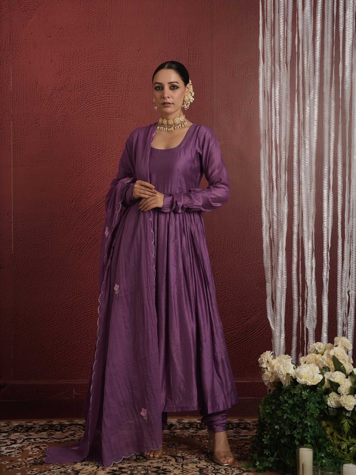 CHAAND PURPLE CHANDERI AARIWORK FLORAL SUIT SET