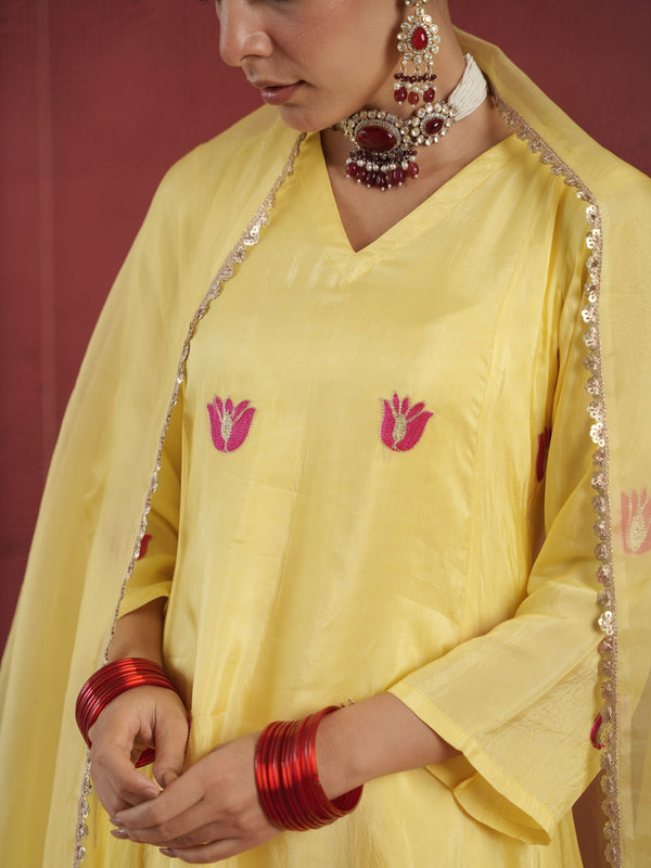 CHAAND YELLOW SILK AARI EMBROIDERY FLORAL SUIT SET