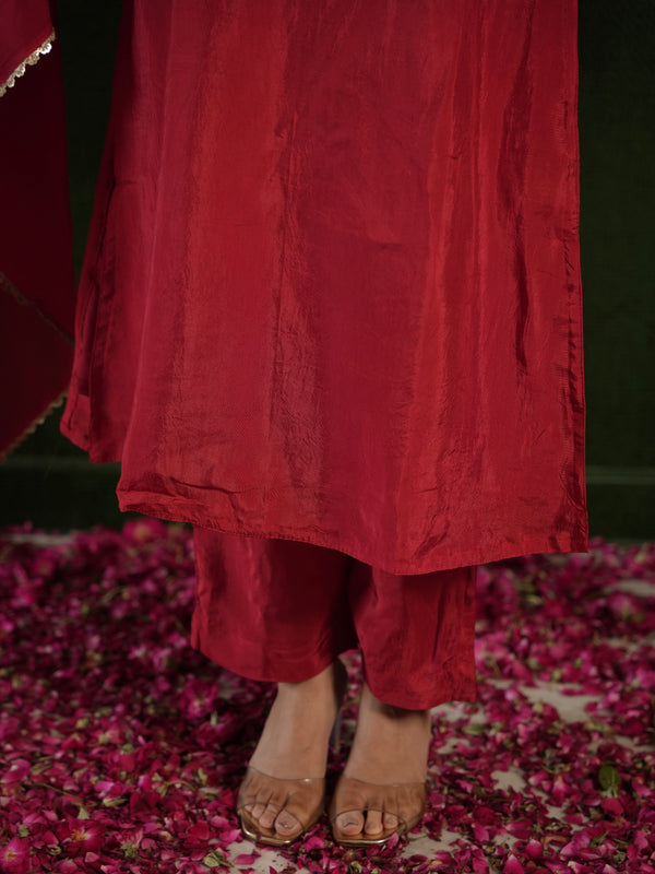 CHAAND DARK RED SILK ZARIWORK SUIT SET