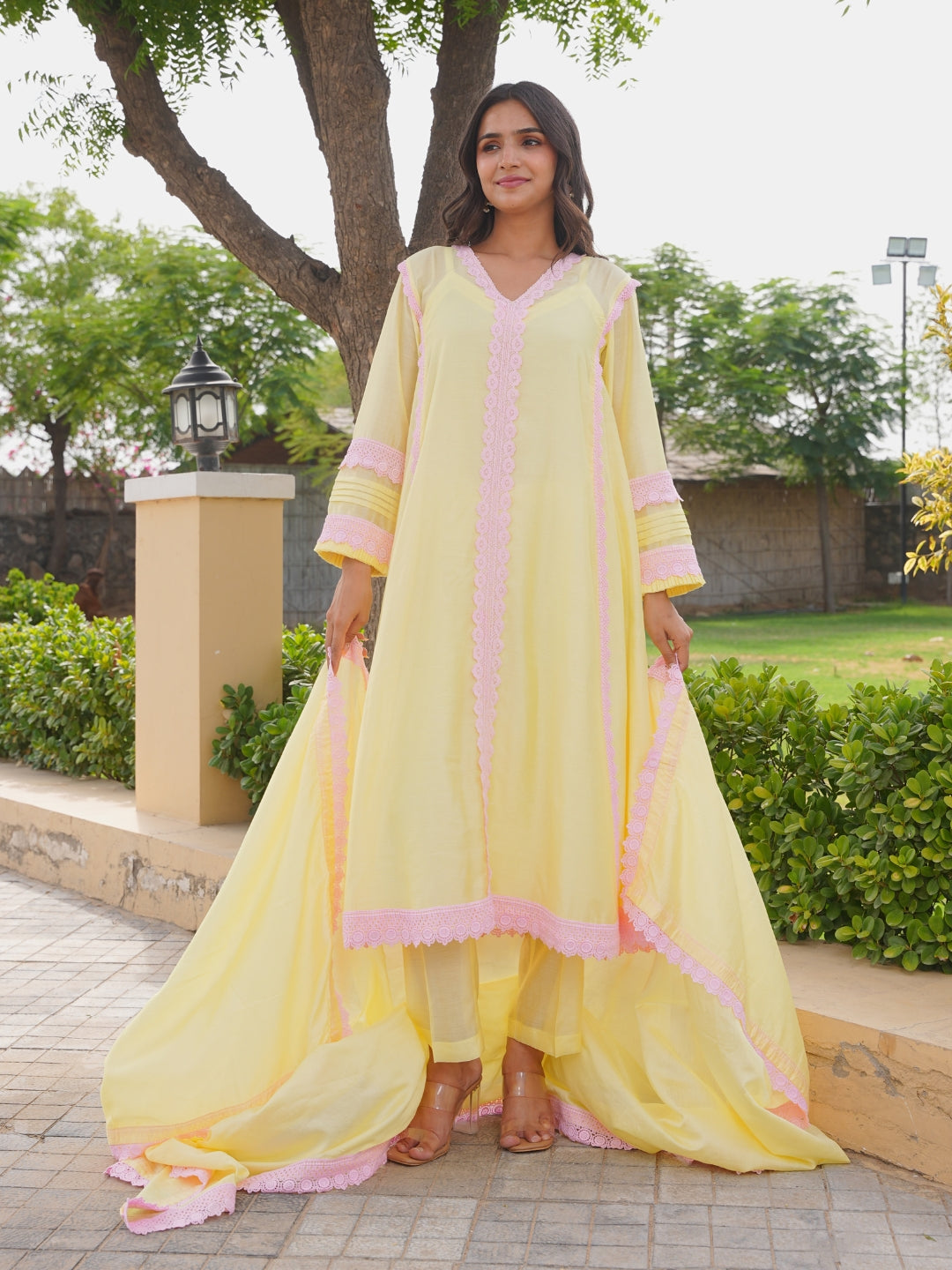 Pastel Yellow Chanderi Lace Work Kurta Set
