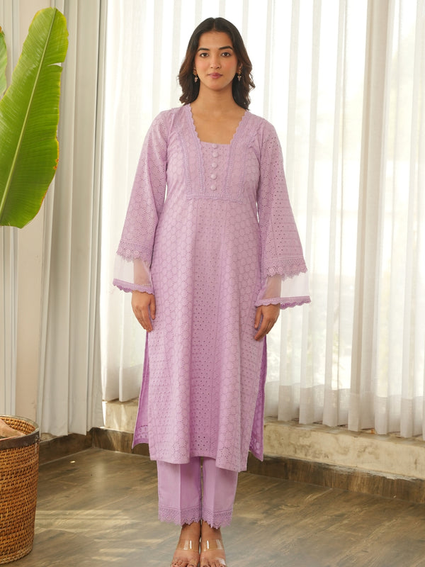 Lavender Schiffli Cotton Kurta Set with Pants & Organza Dupatta