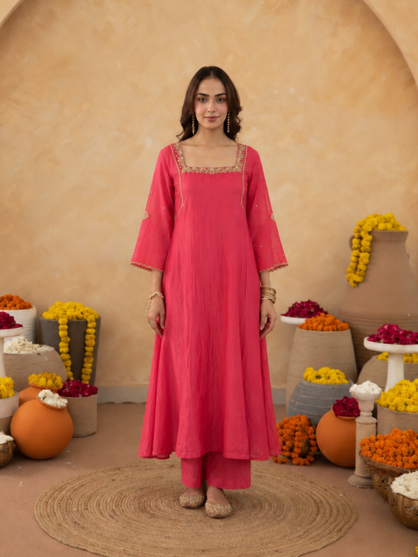 Salmon Pink Aari Handwork Chanderi A-Line Kurta set
