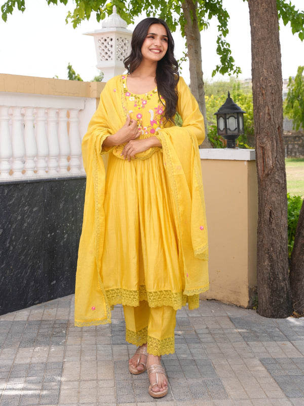 Mustard Floral Handwork Chanderi Kurta Set