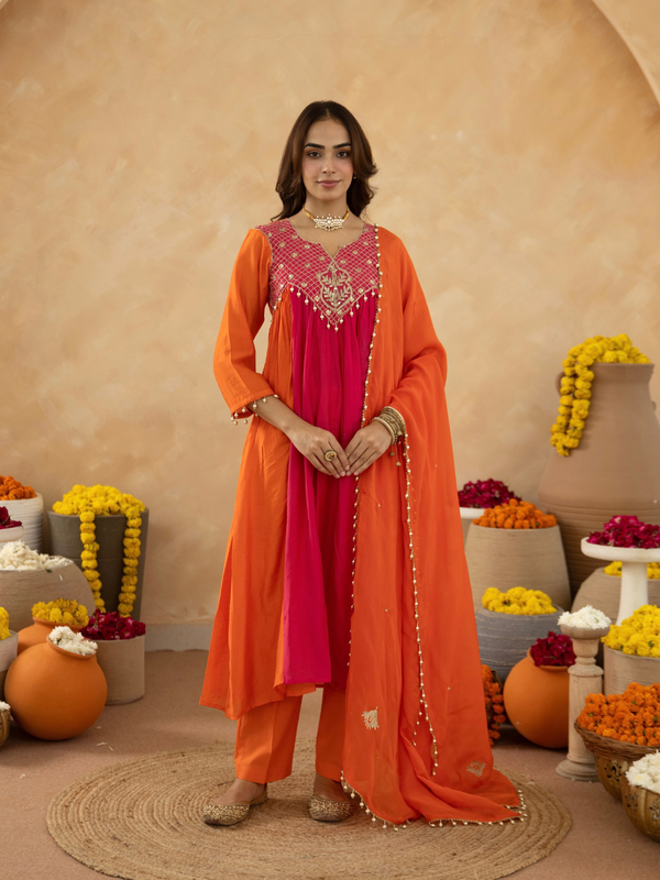 Orange Chanderi Aari & Handwork Gathered Kurta Set