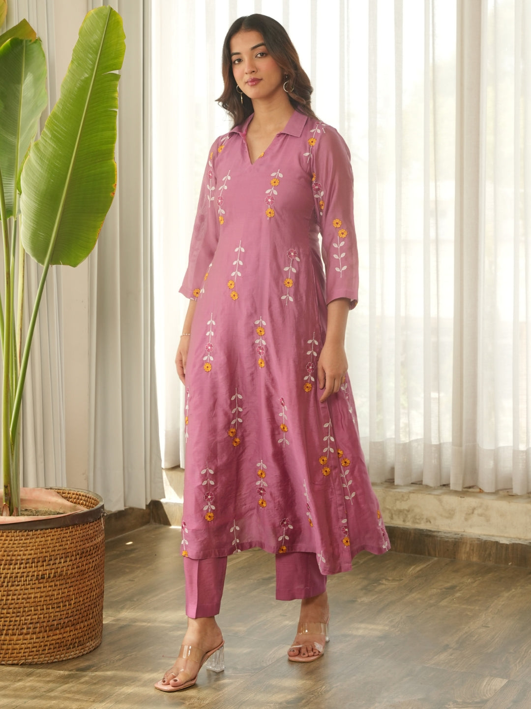 Mauve Pink Embroidered Chanderi Kurta Set with Pants