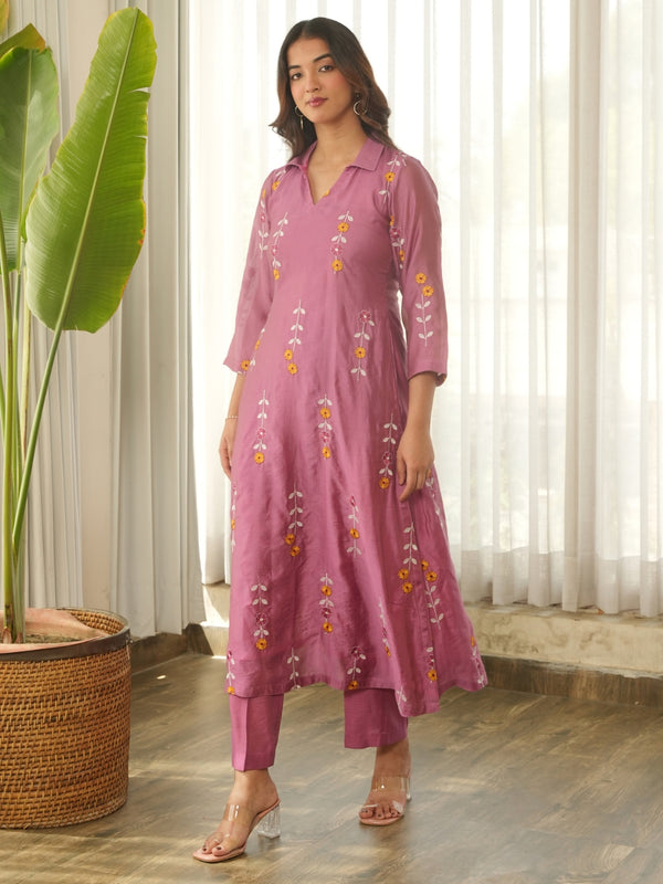 Mauve Pink Embroidered Chanderi Kurta Set with Pants