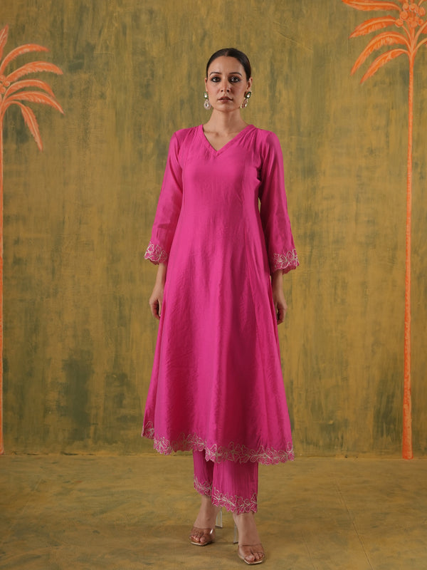Roohani Pink Chanderi Floral Cutwork Suit Set