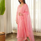 Peach Schiffli Cotton Kurta Set with Pants & Organza Dupatta