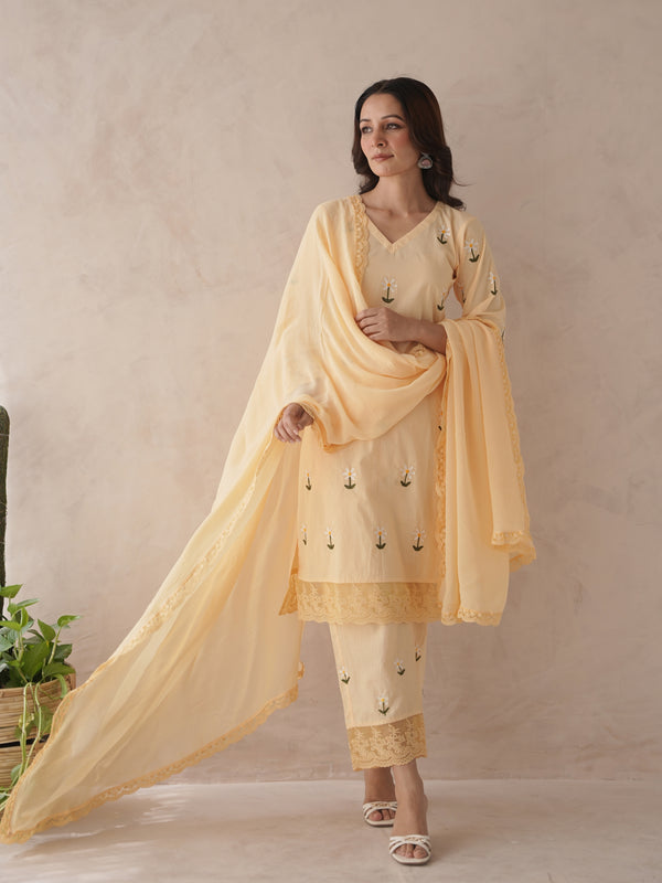 Rosabelle yellow rose embroidery cotton suit set