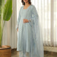 Powder Blue Schiffli Cotton Kurta Set with Pants & Organza Dupatta