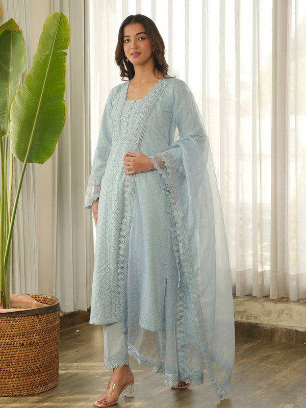 Powder Blue Schiffli Cotton Kurta Set with Pants & Organza Dupatta