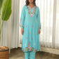 Sky Blue Floral Embroidered Muslin Kurta Set with Pants