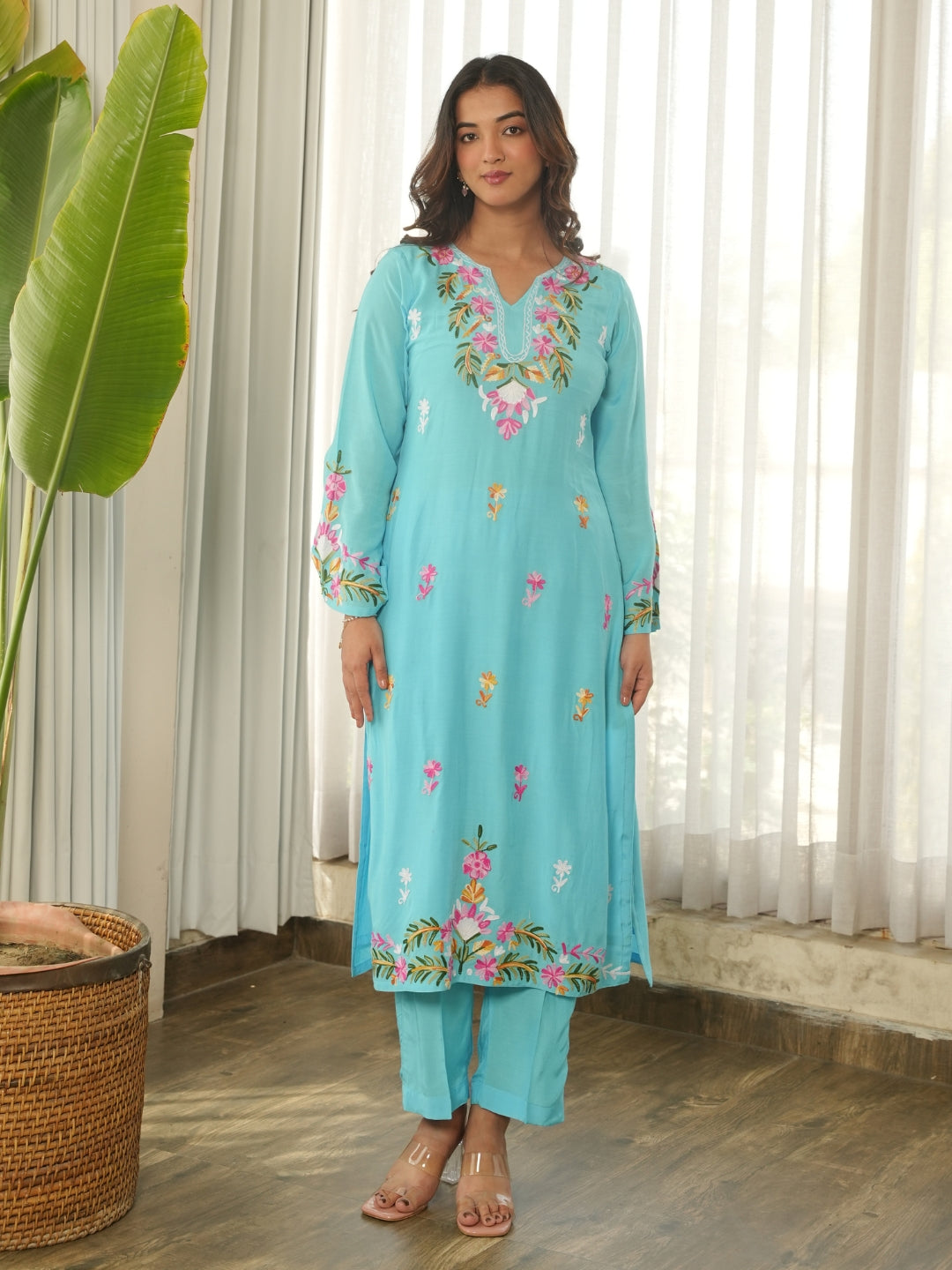 Sky Blue Floral Embroidered Muslin Kurta Set with Pants