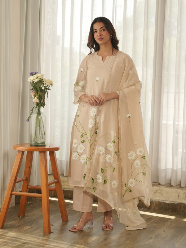 Ivory Beige Hand Paint Soft Organza Suit Set
