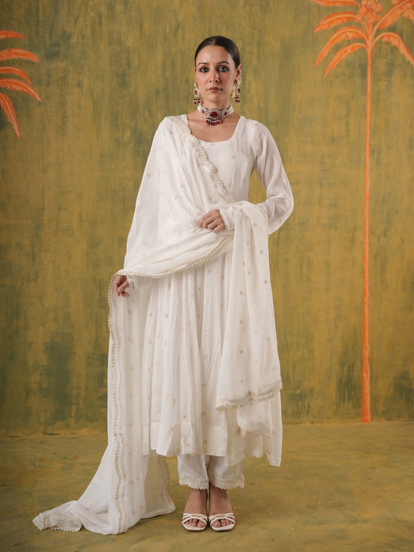 Zeenat White Embroidered Anarkali Set