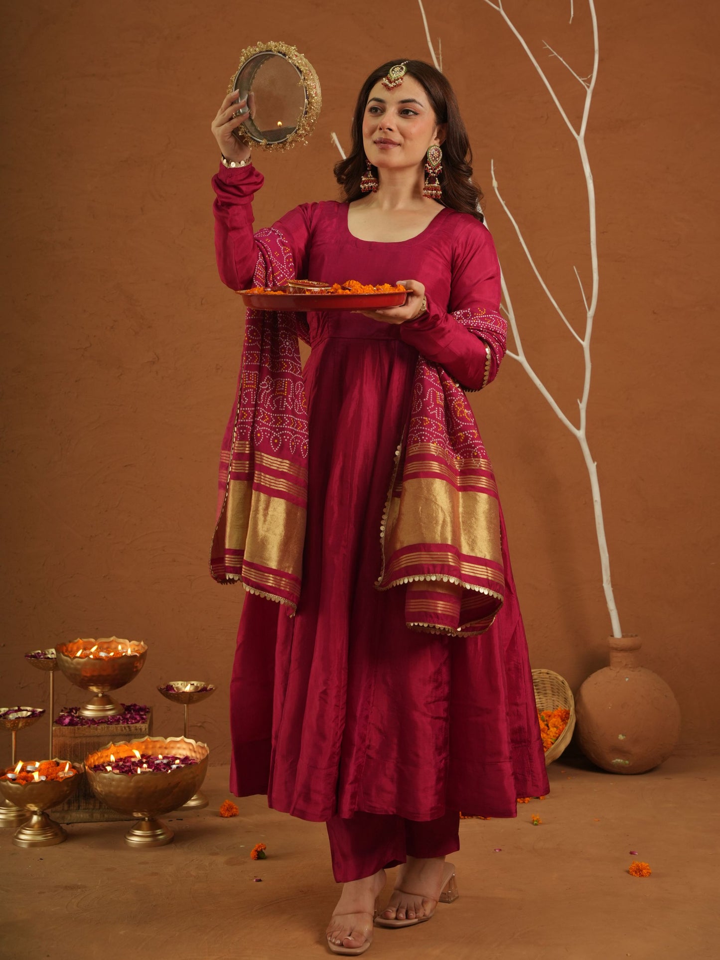 Hoor Pink Silk Anarkali Set With Bandhej Dupatta