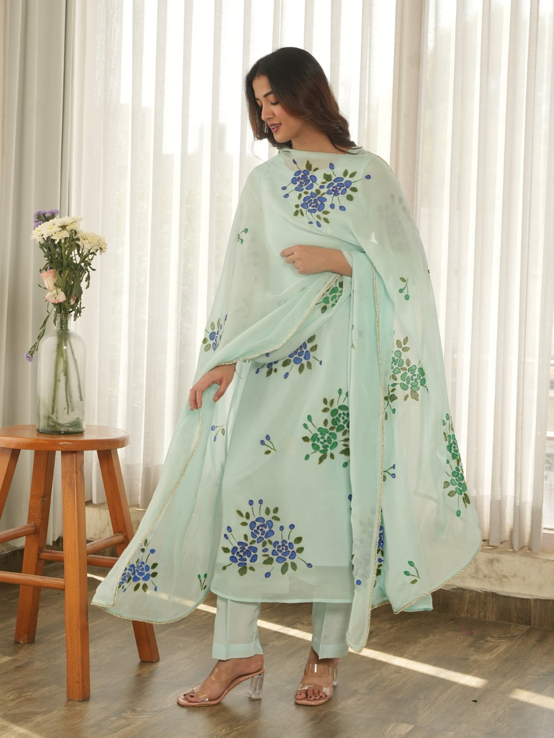 Mint Blossom Handpainted Organza Suit Set