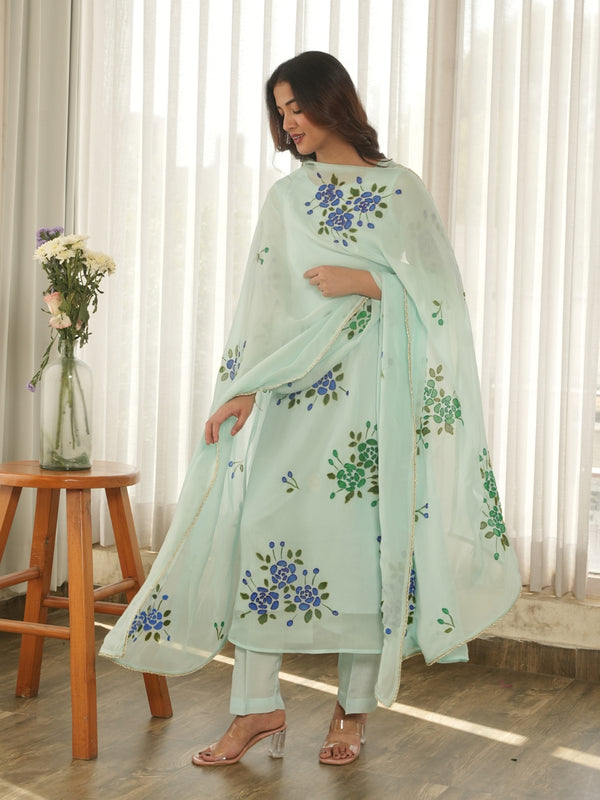 Mint Blossom Handpainted Organza Suit Set