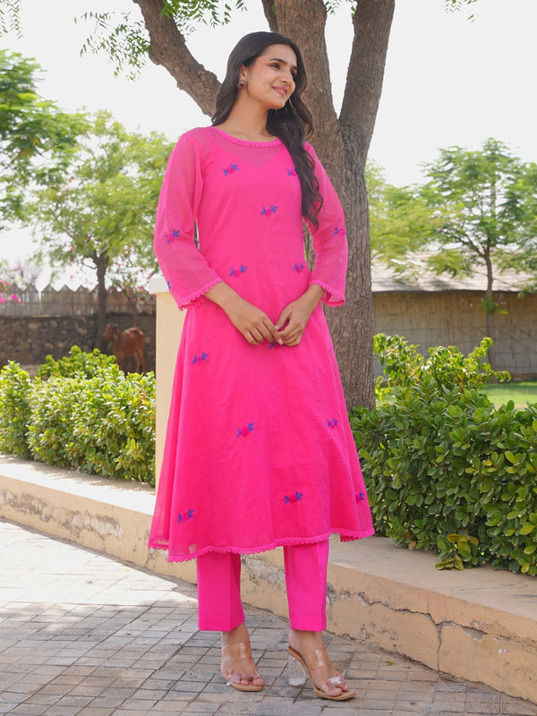Pink Fuchsia Bloom Doria Aari Kurta Set
